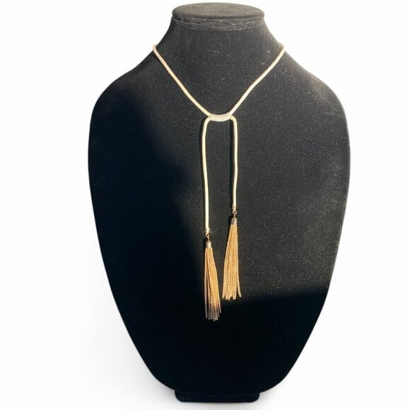 White Rope Gold-Tone Lariat Necklace Gold Tassel Chain Ends & Adjustable Closure - Picture 1 of 10
